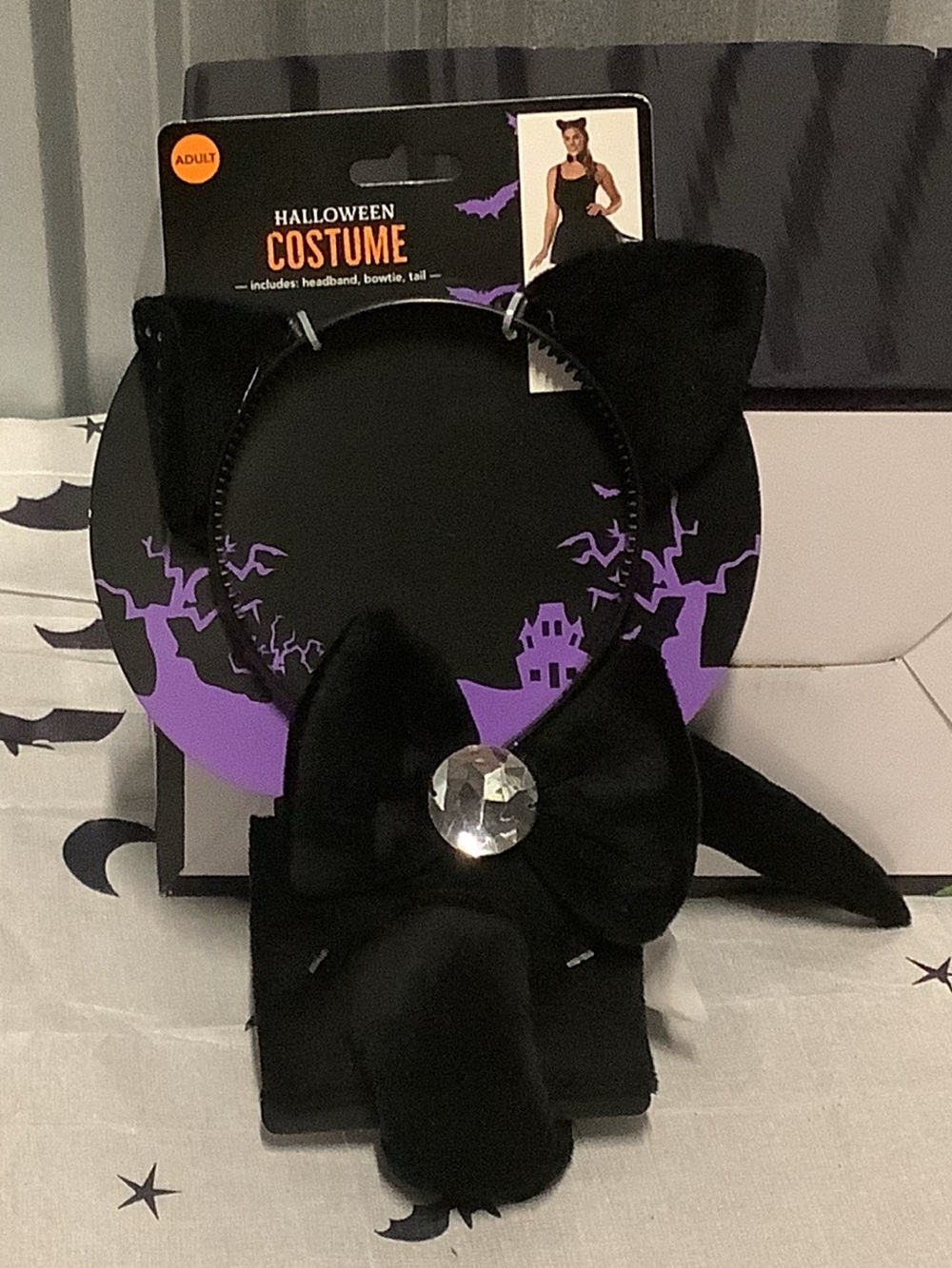 Halloween Black Cat Costume Set for adults with Headband,  Bow tie & tail